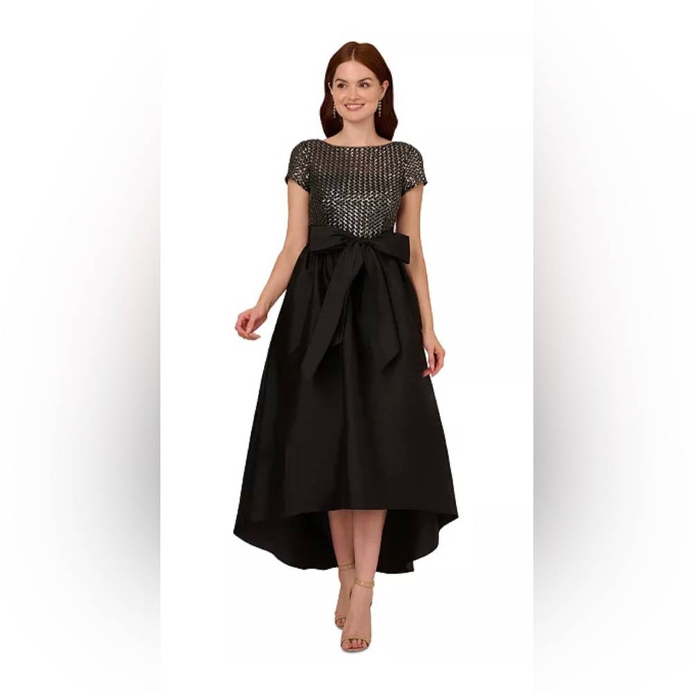 Adrianna Papell‎ Women's Sequin High-Low Dress Size 10 Bow Black